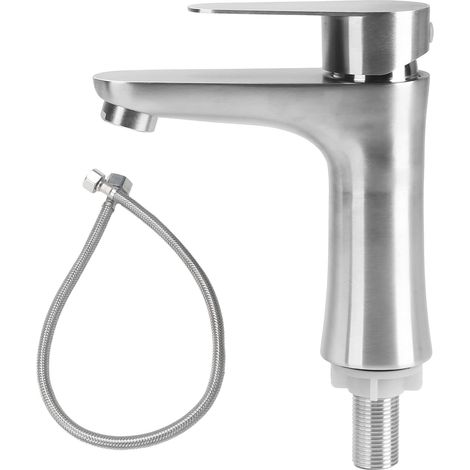 Kaltwasserhahn aus Edelstahl, Kaltwasser-Waschtischarmatur mit Schlauch, Waschtischmischer, Badewannenarmatur für Gäste-WC, Badezimmer, einfache Installation (Silber) (1/5)