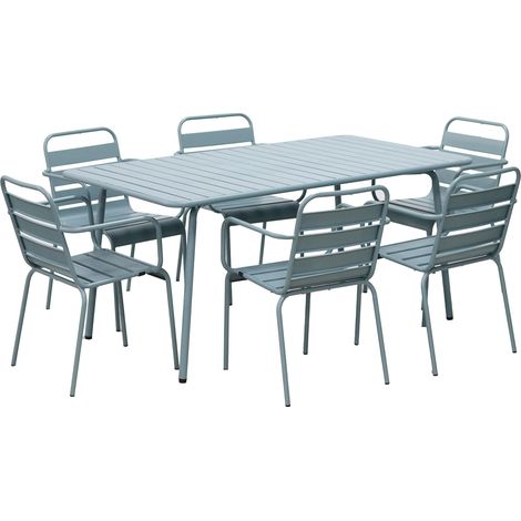 Ensemble table de jardin + 6 fauteuils en métal bleu gris - BACA