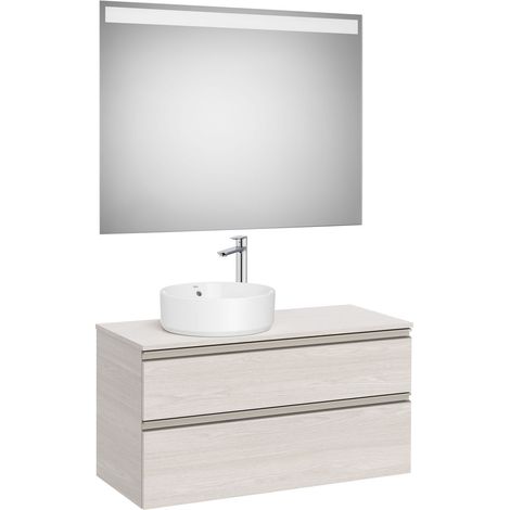 Pack meuble "The gap" 1000 pour vasque à gauche - 2 tiroirs + plan + miroir LED - frêne nordic/poignées nickel mat - Roca (1/2)