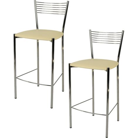 Tommychairs - Set 2 sgabelli alti modello Elegance per cucina e bar, struttura in acciaio cromato e seduta imbottita e rivestita in pelle artificiale colore sabbia (1/4)