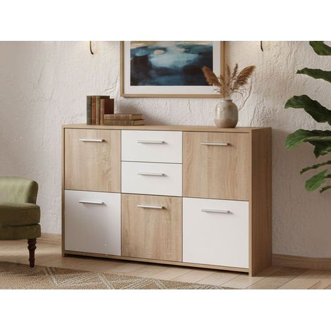 Dmora Aparador con cinco puertas y dos cajones en la parte central, color blanco y roble, Medidas 115 x 77 x 30 cm, con embalaje reforzado