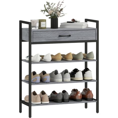 Étagère à chaussures 4 niveaux pour 9 paires en métal et panneau de particules, meuble d'entrée moderne et pratique gris (1/5)