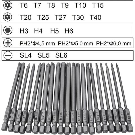 Embouts de Tournevis 21 Pièces, Embout de Vissage Magnetique 100mm Long, Torx T6-T40, Hexagonal 3mm-6mm, Phillips PH2, Plats 4mm-6mm, 1/4" Hex Tige, Acier S2 (1/4)