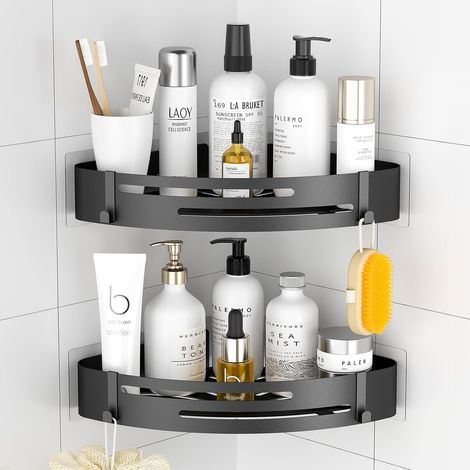 Étagère d'angle de douche sans perçage : ensemble de salle de bain en acier inoxydable, rangement pour salle de bain - Noir (1/5)