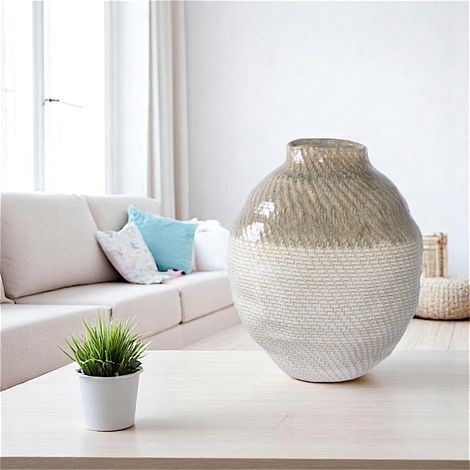 Vase rond vert et blanc, effet vannerie (1/4)