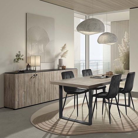 Ensemble séjour buffet + table aspect lames de bois finition Beach et noir - THOMAS