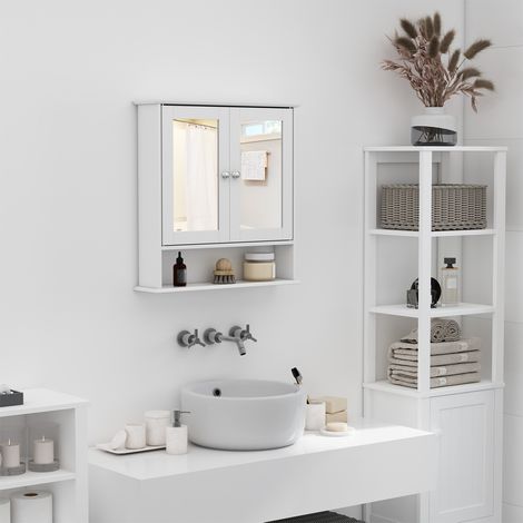 kleankin Armoire de Salle de Bain avec Miroir Mural avec 2 Portes Armoire de 3 Niveaux pour Stockage Armoire Murale pour Cuisine Salle de Bain Salon Panneau MDF Résistant et Facile à Nettoyer Blanc 56