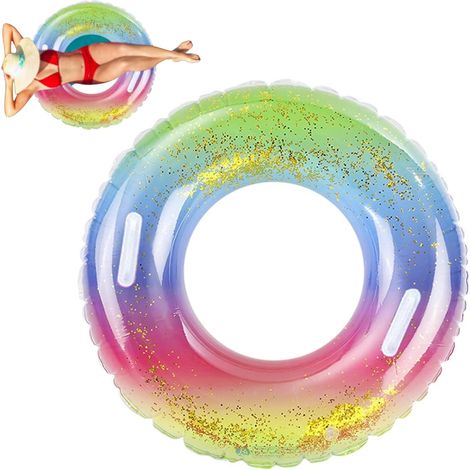 Bouée gonflable adulte - Bouée à paillettes arc-en-ciel avec poignée (1/3)