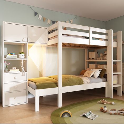 Etagenbett 90x200 cm weiß aus Holz und Metall mit LED-Nachtlicht, Stauraum, Schubladen und Regal (1/5)
