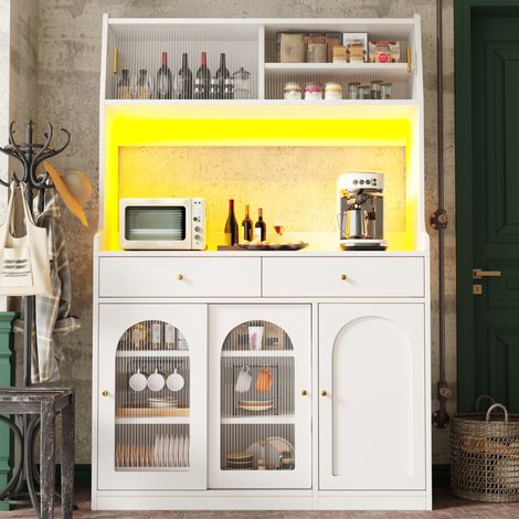 Credenza da cucina con LED, 2 cassetti e ripiani regolabili 120 x 40 x 180 cm bianca DESVIAE (1/5)