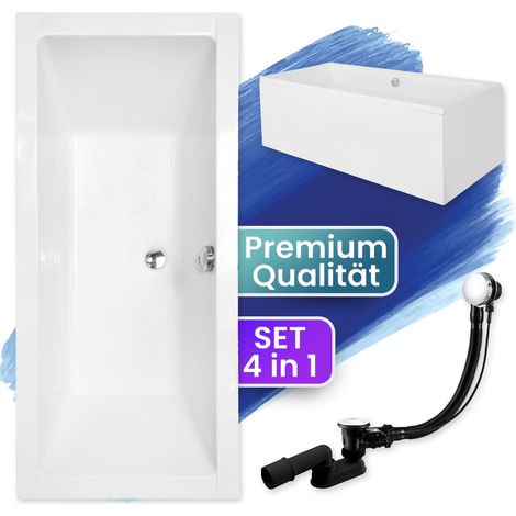 Badewanne Rechteck 165x75 mit AcrylSchürze, Ablaufgarnitur & Füßen GRATIS - Komplettset 4in1 Original Acryl Wanne Siphon - BADLAND QUADRO (1/5)
