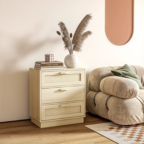 Commode design bohème en rotin avec 3 tiroirs. meuble de rangement pour le salon. le couloir. l'entrée. bois naturel (1/5)