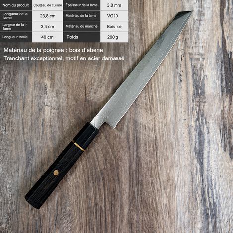 Couteau à sashimi kiritsuke yanagiba en acier damassé manche en ébène réf 4658 43 × 6 × 3 cm 250 g – Livraison gratuite