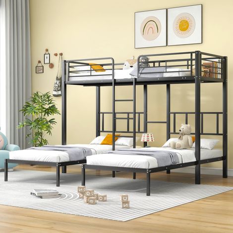 Lit superposé triple en fer pour enfants/ados, avec échelle, barrière de sécurité et table intégrée, noir 90x200 cm (sans Matelas) (1/5)