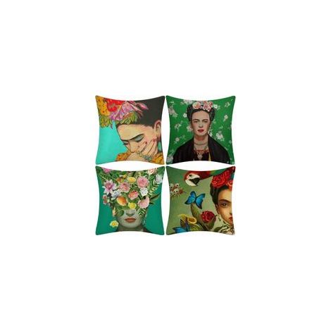 Serbia – Lot de 4 taies d'oreiller Frida Kahlo 45x45 cm – Mélange coton et lin – Fermeture éclair invisible – Décoration intérieure artistique (1/5)