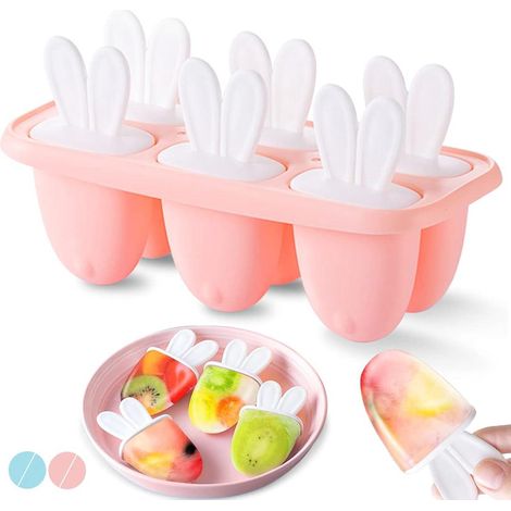 Moule à glace en silicone rose, lot de 6 moules à sucettes glacées avec bâtonnets, mini moule à glace, moule à sorbet/glace maison réutilisable, pour glaces, sorbets, yaourts glacés et jus de fruits. (1/5)