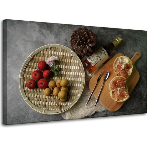 Lienzo impreso con composición de frutas de cocina, 100x60 cm.