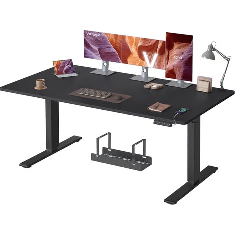 Bureau Électrique Réglable en Hauteur, 160 x 80 cm, avec Port USB-C, Support pour Multiprise, Rappel de Sédentarité, Fonction Mémoire 3 Hauteurs, Télétravail, Noir d'encre (1/5)