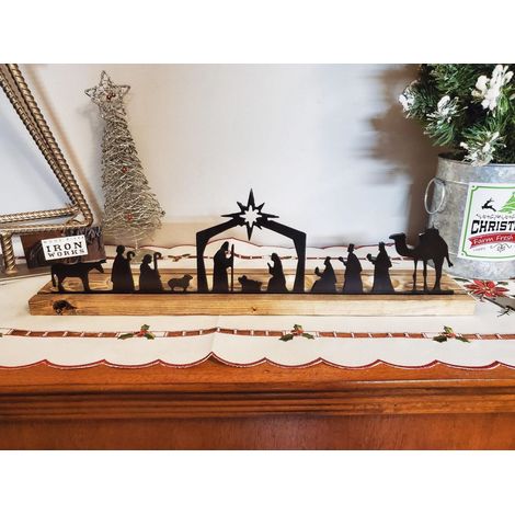 Nativity Scene - Black Metal Nativity Sign With Wooden Base - Indoor Christmas Table Decoration - 1 Piece (1/5)