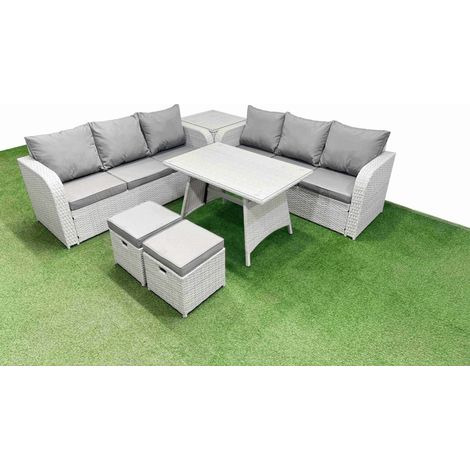 Fimous Patio Dining Table & Chairs Set Rattan High Back Lounge Sofa Set with 3 Seater Sofa Side Table 2 Small Stool Light Grey (1/4)