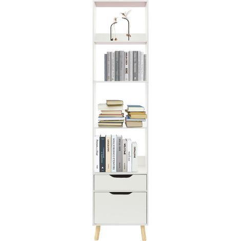 Bibliothèque 4 étagères–40×24×180 cm, blanc, rangement intégré (tiroir + placard) , charge 40 kg – Gain de place vertical – Idéal pour petit espace (studio, couloir) (1/5)