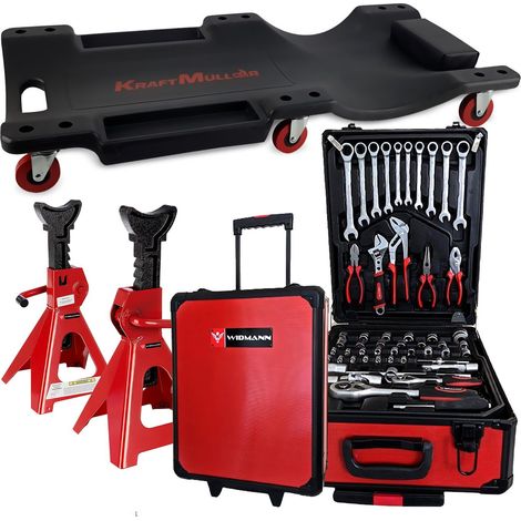 Chariot de visite Kraft Müller, Set pour Mécanicien, Coffret 254 pièces, Paire de chandelles Widmann SJ3T à crémaillère 3T