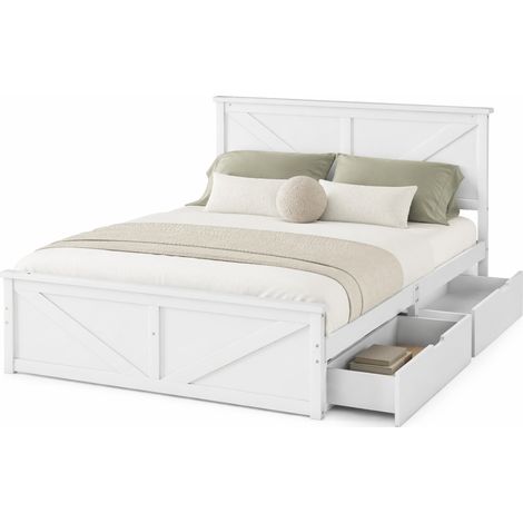 CHICFURN Lit 160x200 en bois avec quatre tiroirs de rangement, tête de lit, sommier à lattes, blanc, pour chambre adulte, matelas standard, montage facile (1/5)