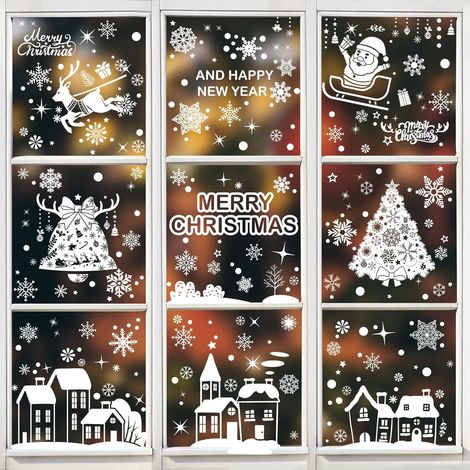 247 Pcs Stickers Noël Fenêtre, Autocollant pour Fenêtre Père Noël, Renne, Flocons de Neige et Arbre, Autocollants Statiques de Réutilisable, Décorations de Vacances d'hiver (1/5)