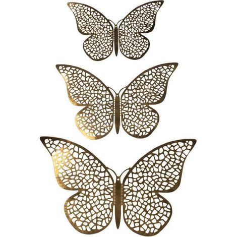 12pcs Papillons 3D en Métal, Décoration Murale - Filet Doré