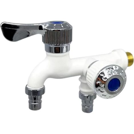 Robinet d'interface universel 1/2 Robinet de contrôle à double sortie, Robinet antigel deux en un pour usage extérieur, Mitigeur de lavabo - Blanc (1/4)