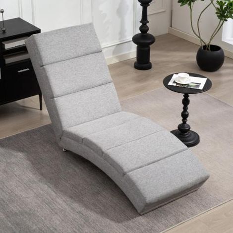 Chaise longue salon grand fauteuil lin coussin pieds acier gris clair (1/5)