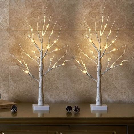 BelleRise - Lot de 2 petits arbres lumineux branches de bouleau, 24 LED blanc chaud sur piles, Noël, maison, fête, mariage, 60 cm (1/3)
