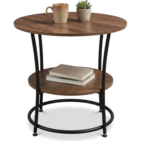 Relaxdays Side Table, 2 Shelves, HD: 55 x 55 cm, Wood-effect & Metal, Sofa Table, Round Coffee Table, Brown/Black (1/5)