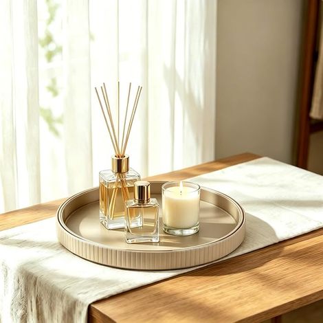 Decorative Round Tray, 30 cm Trays for Round Coffee Tables, Decorative Leather Tray, Round Wooden Tray Organiser for Kitchen, Living Room, Bedroom, Bathroom (1/5)