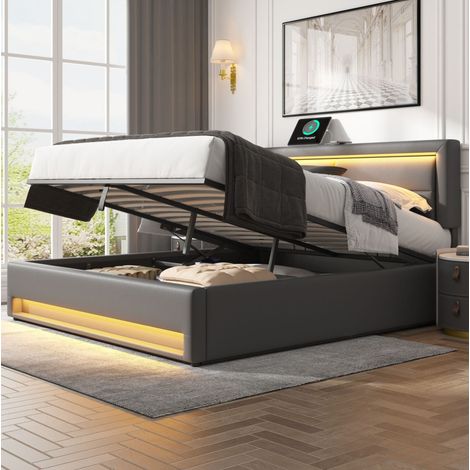 Cama con canapé 160 x 200 cm con USB, LED y almacenaje, PU gris OKMYHOME (1/5)