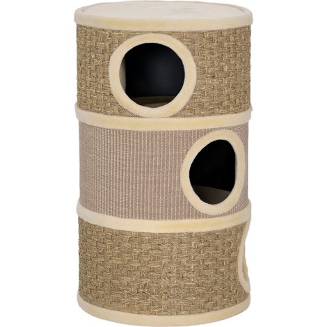 Barreau à gratter pour chat avec grotte 3 niveaux corde sisal 79x45 cm kaki marron