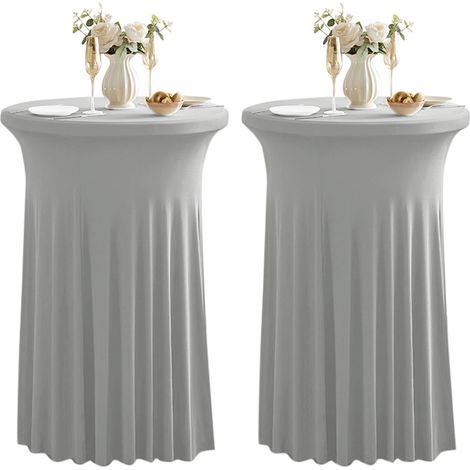 Lot de 2 nappes de Table à Cocktail Rondes avec Jupe - 81 x 100 cm - en élasthanne Extensible - Nappe Ronde pour fête, Mariage, Anniversaire, Banquet - Gris (1/5)