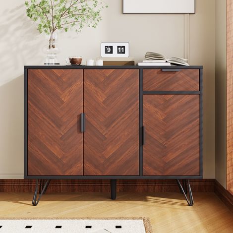 Aparador 90x30x71.5 cm negro y madera MDF y tablero de partículas con cajón, 3 puertas y baldas ajustables (1/5)