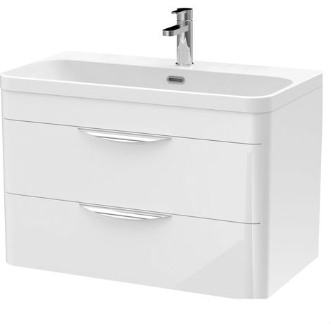 Balterley Aldershawe 800mm Wall Hung 2 Drawer Vanity Unit with Thin-Edge Ceramic Basin - Gloss White (1/4)