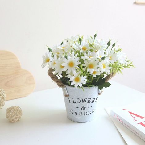 Fleurs Artificiels Interieur 1 pcs, Fleurs Artificielles avec Pot en Métal Artificielle Plante Decoration pour Mariage Extérieur Bureau Table Jardin Nouveau Cadeau de Maison, Marguerite(blanc) (1/5)