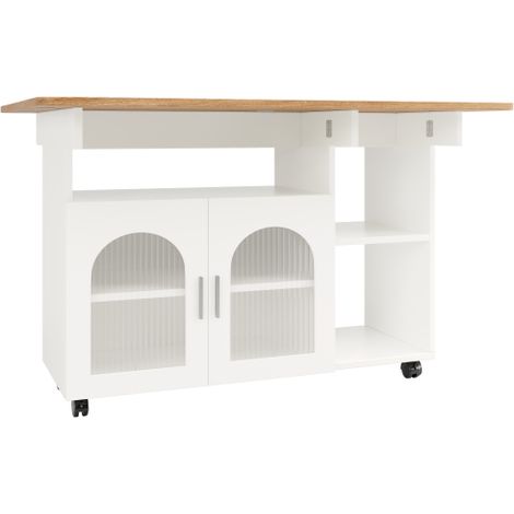 Desserte cuisine îlot blanc, rangement bois, table multifonction