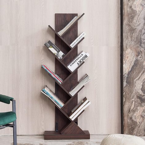 Tree-shaped bookcase with drawer, freestanding bookcase for DVDs/CDs/magazines/books for living room, bedroom, home office (83 x 31 x 18 cm) (1/5)