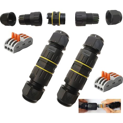 Wasserdichter Verteilerkasten, wasserdichter Kabelschlauch, mit 3-poligen Klemmen für Kabeldurchmesser Ø 5 mm-9 mm, Kabelstecker, IP 68, (2 Stück, schwarz)
