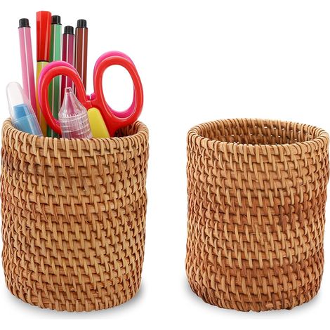 Deux porte-crayons en rotin, un pot à crayons en osier fait main et un porte-pinceaux de maquillage