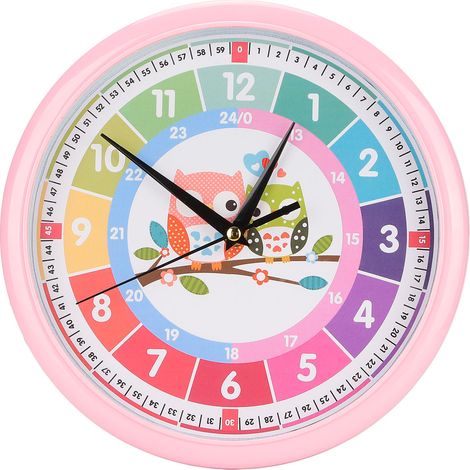 Horloge Murale Enfant - Pendule Colorée Apprentissage avec Design Cartoon pour Chambre et Salle de Classe - Rose
