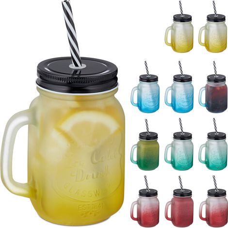 Relaxdays Tazze con Cannuccia e Coperchio, Set da 12, 400 ml, Bicchieri Tè Freddo, Bevande, con Manico, Colorato/Nero