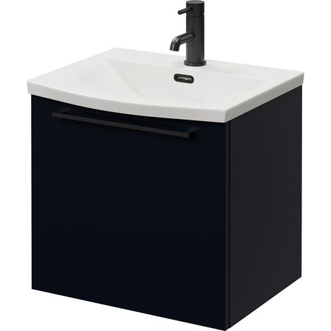 Napoli 390 Deep Blue 500mm Wall Mounted Single Drawer Vanity Unit with Arc Basin - 500mm - Matt Black 320mm Handle