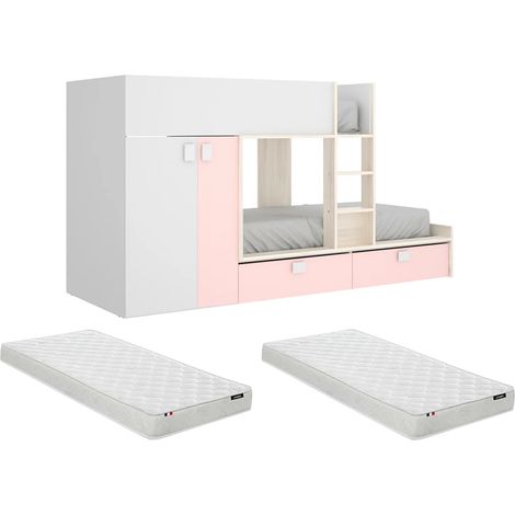 Lits Superposés 2 x 90 x 190 cm - Armoire intégrée - Blanc, naturel et rose + matelas - JUANITO (1/5)