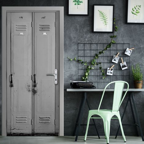 Sticker porte, trompe l'oeil armoire industrielle métallique gris aspect vieilli, 204 cm X 73 cm (1/5)