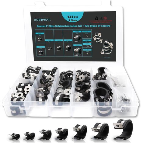 Lot de 141 Colliers de Serrage en Caoutchouc P en Acier Inoxydable 304 avec Insert en Caoutchouc, 7 Tailles (6 mm/8 mm/10 mm/13 mm/16 mm/19 mm/25 mm) (1/5)